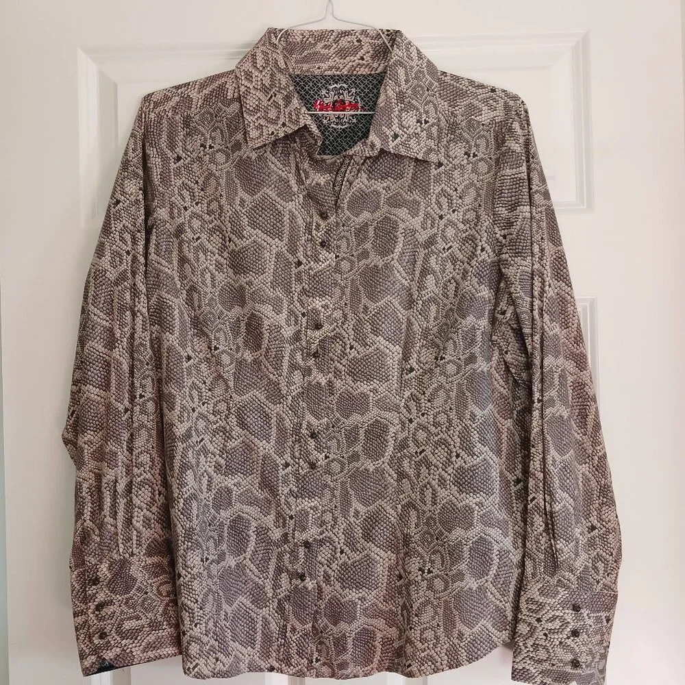 Robert Graham Snakeskin Print Snake Eye Jewel Button Down Fit Shirt Blouse Top
